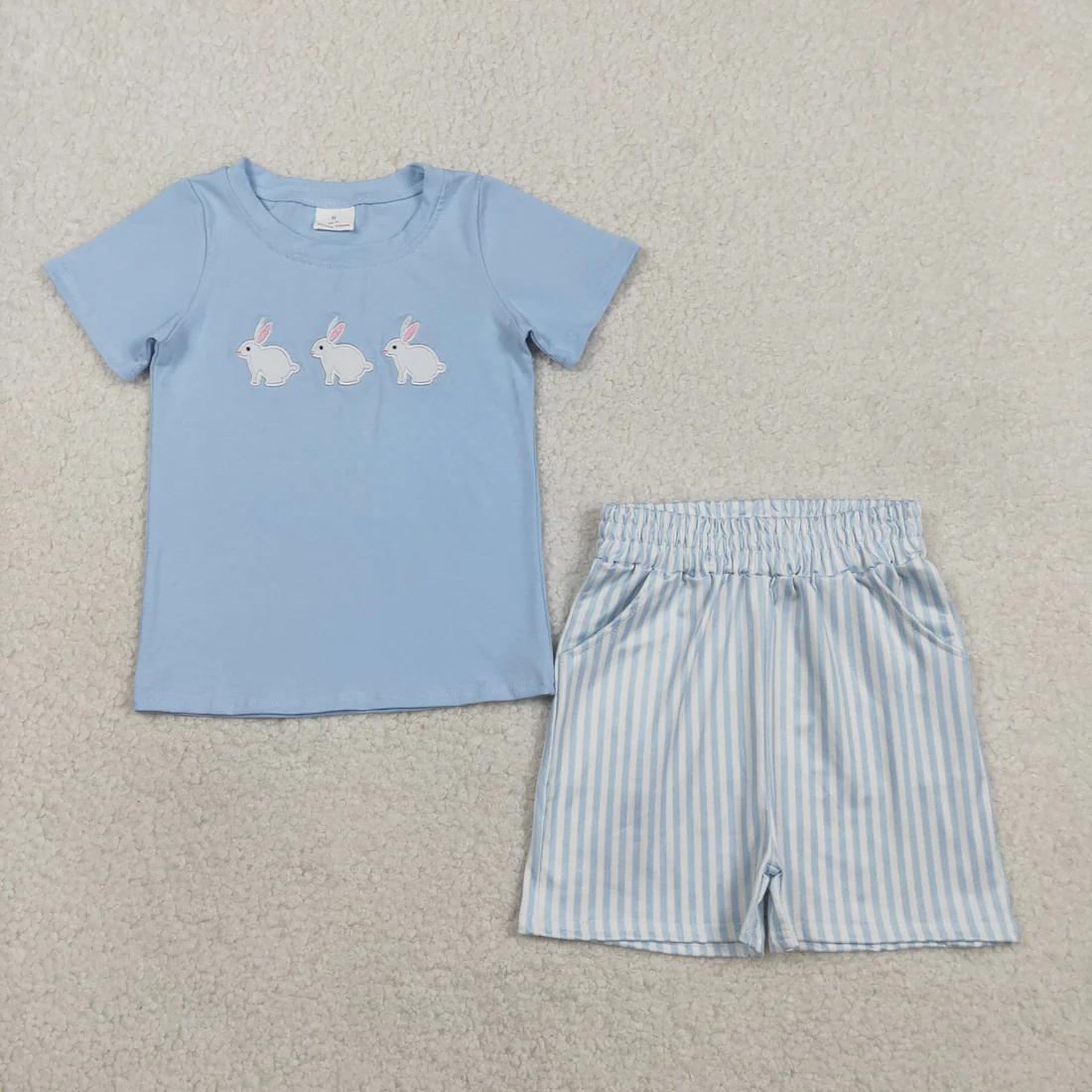 Sibling white rabbit embroidery bubble and shorts set