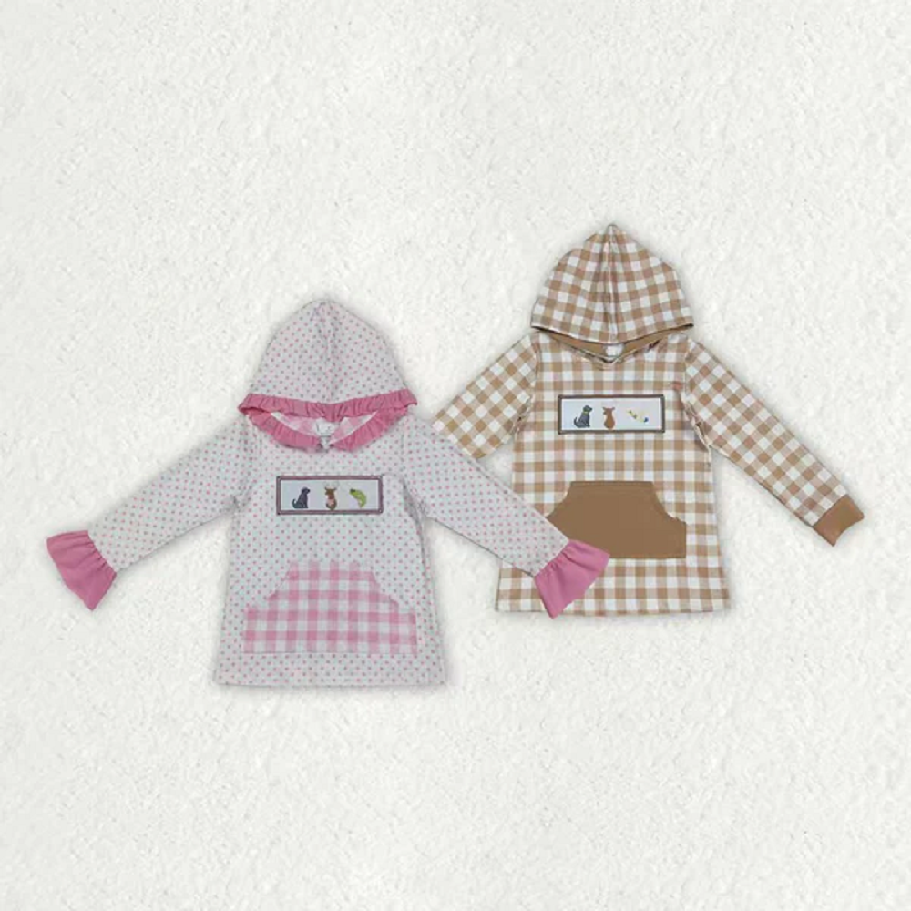 Sibling Embroidery Dogs Deer Fish Kids Hunting Pocket Hoodies Tops D 814 02