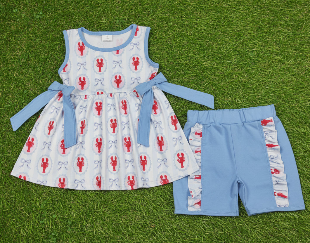 blue sleeveless crawfish print girl shorts set