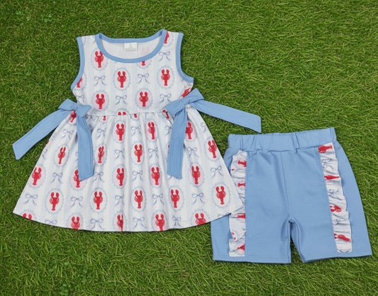 blue sleeveless crawfish print girl shorts set