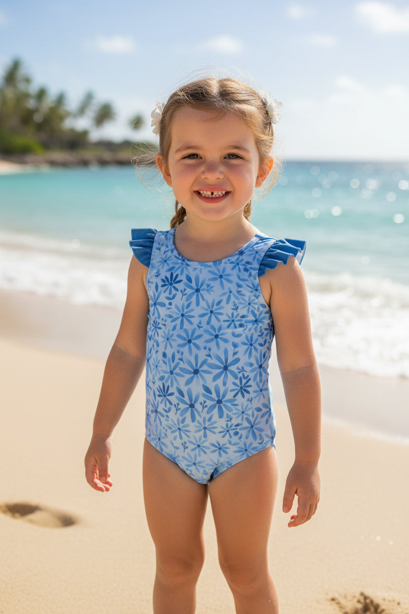 S0515 blue daisy floral one pieces swimsuit for girl