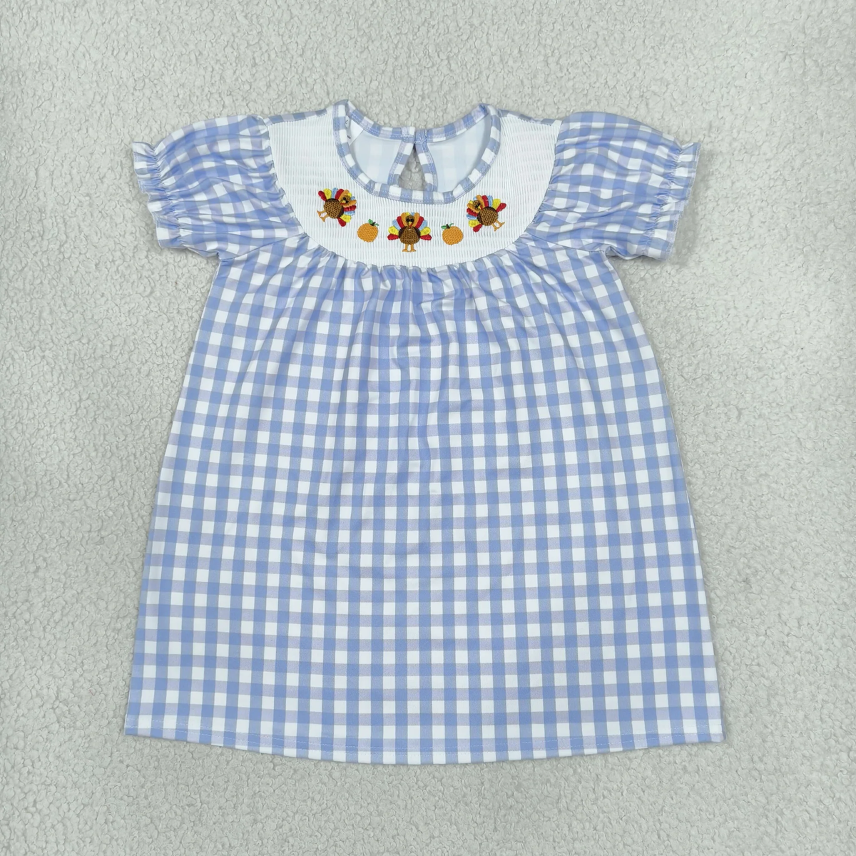 Matching Baby girls Thanksgiving turkey blue plaid long sleeve clothing smocked