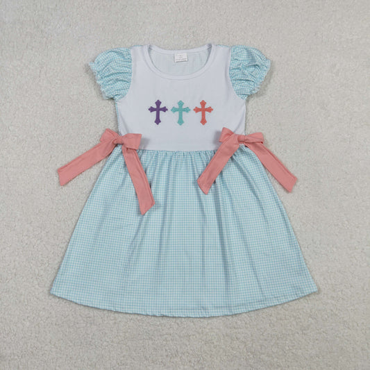 blue gingham cross embroidered easter girl dress