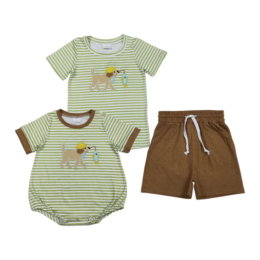 RTS Sibling Baby Boys Embroidery Dog Fishing Stripe Top Short Hunting Clothes Set Rompers