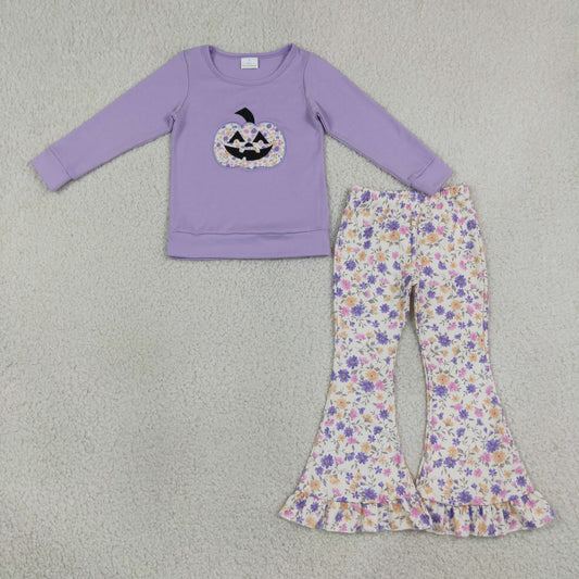 purple floral halloween pumpkin face shirt pants set