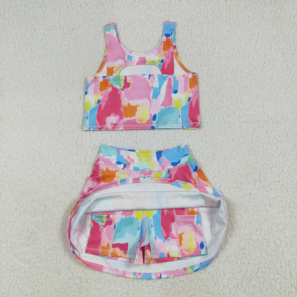 GSD2625 Baby Girls Sleeveless Watercolor Camo Vest Top Short Skirts Yoga Set D 6.24