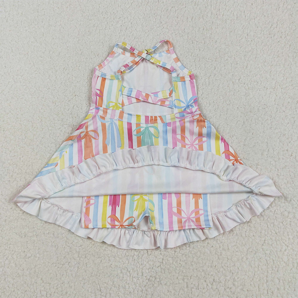 GSD2288  Baby Girls Strap Colorful Bows Stripe Yoga Ruffle Knee Length Dresses  D 4.16