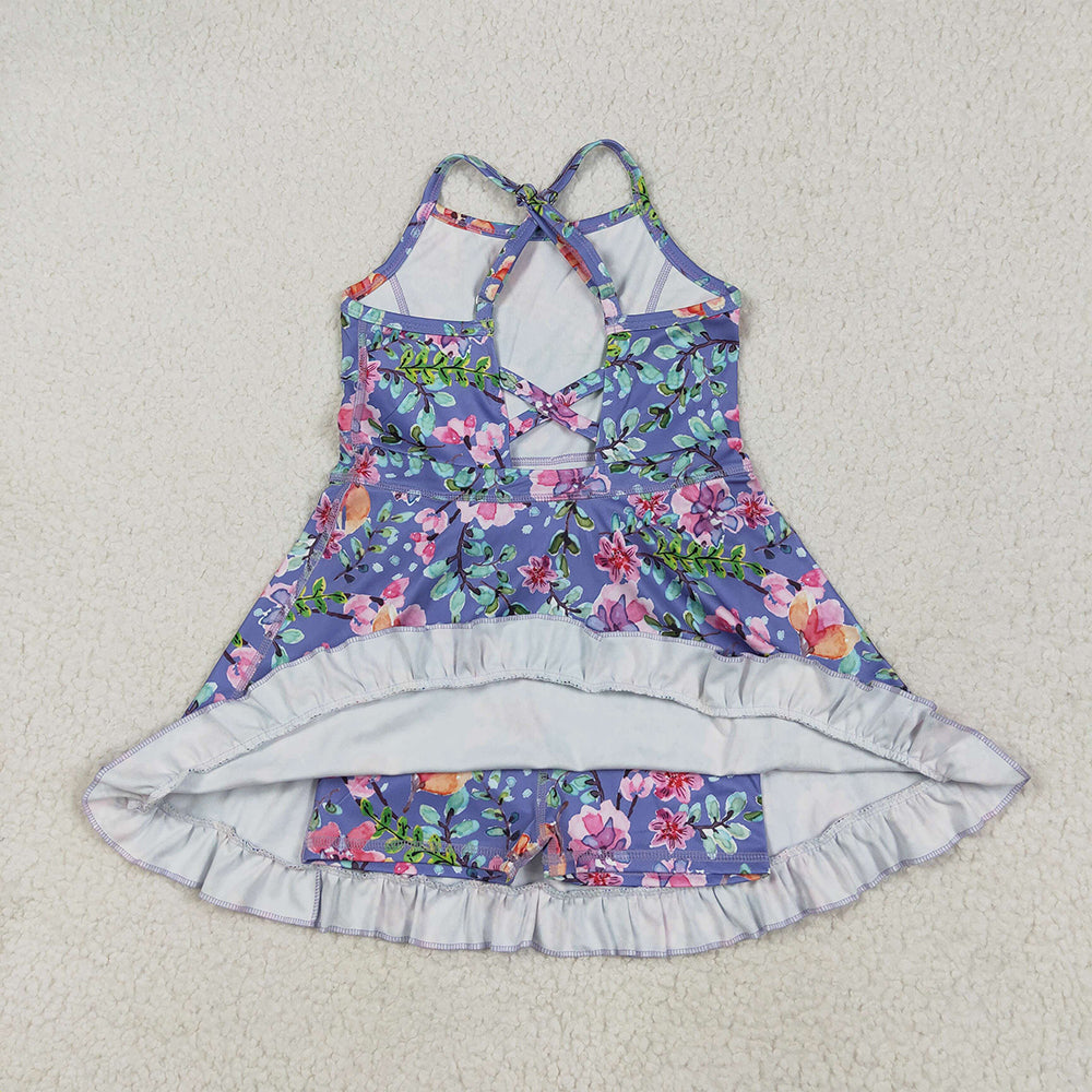 GSD2279 Baby Girls Purple Strap Floral Yoga Ruffle Knee Length Dresses  D 5.9