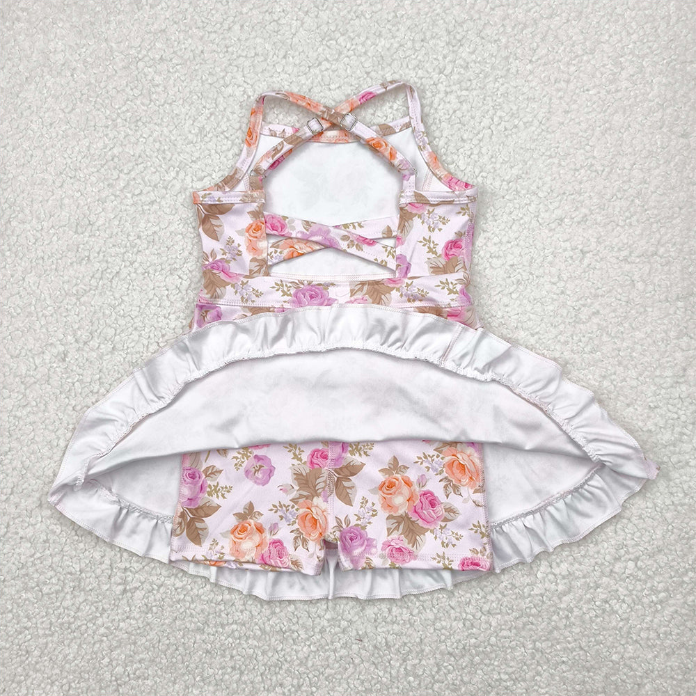 GSD2280 Pink Orange Flowers Print Girls Summer Knee Length Shorts Yoga  D 4.25