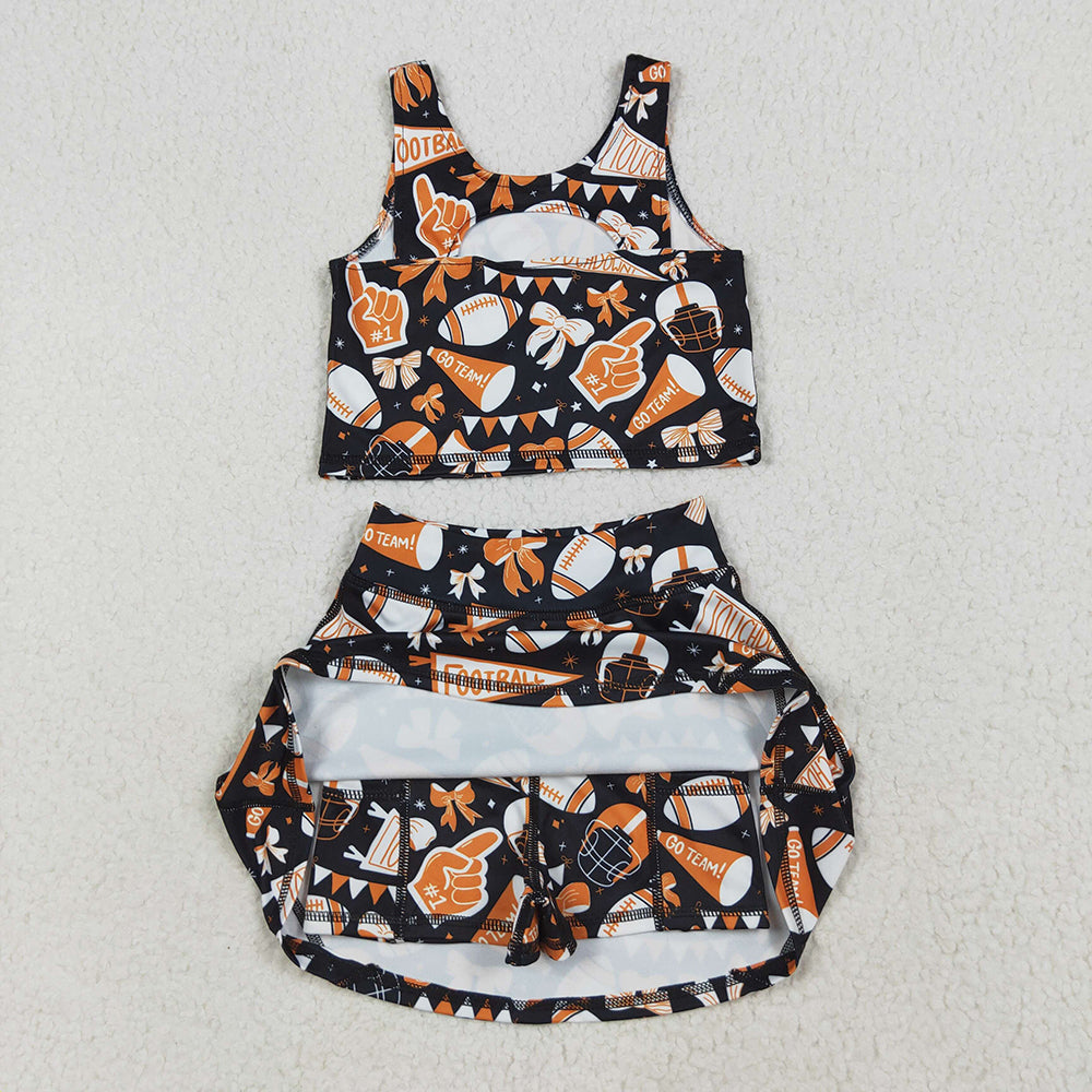 GSD2687 Baby Girls Team Orange Football Bows Vest Top Short Skirts Yoga Set  D 6.9
