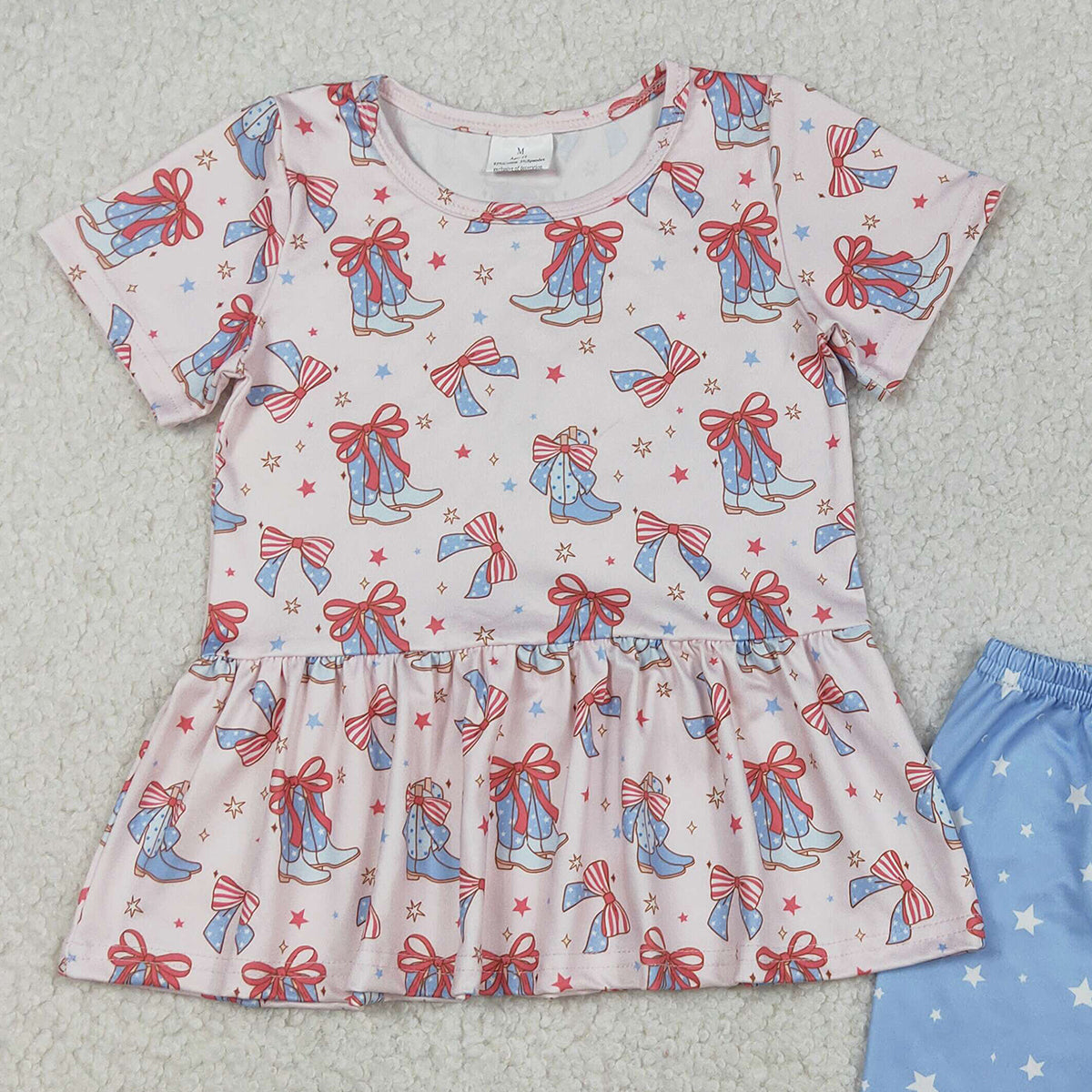 July 4th Outfit  Bows Boots Shorts Set Patriotic Clothing