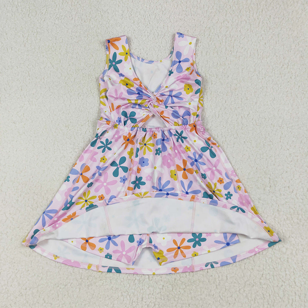 GSD2113 Baby Girls Pink Colorful Flowers Yoga Active Wear Skort Knee Length Dresses  D 6.16