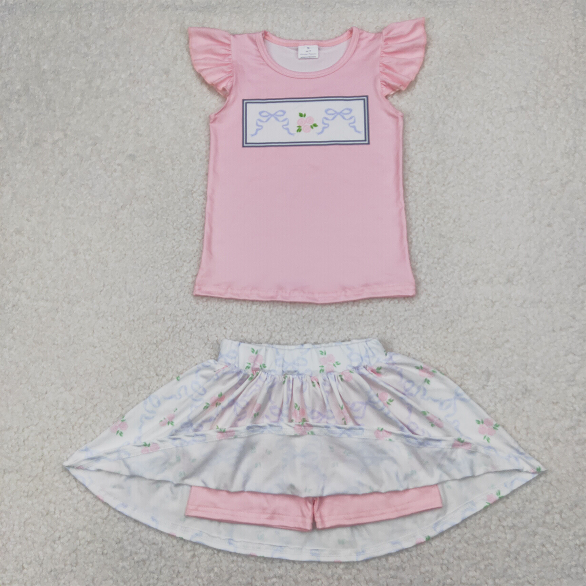GSD2298  Baby Girls Green Pink Flutter Sleeves Bows Floral Top Skort Set D 4.8