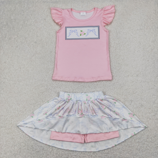 GSD2298 Baby Girls Green Pink Flutter Sleeves Bows Floral Top Skort Set D 4.8