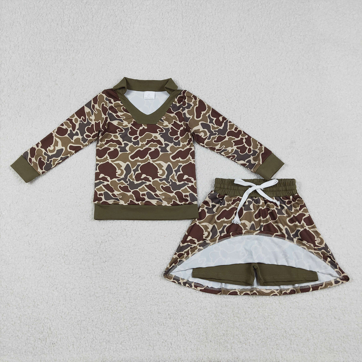 Baby Girls Brown Camo Long Sleeve Outfit Set with Skirt And Shorts for Hunting Theme Clothing