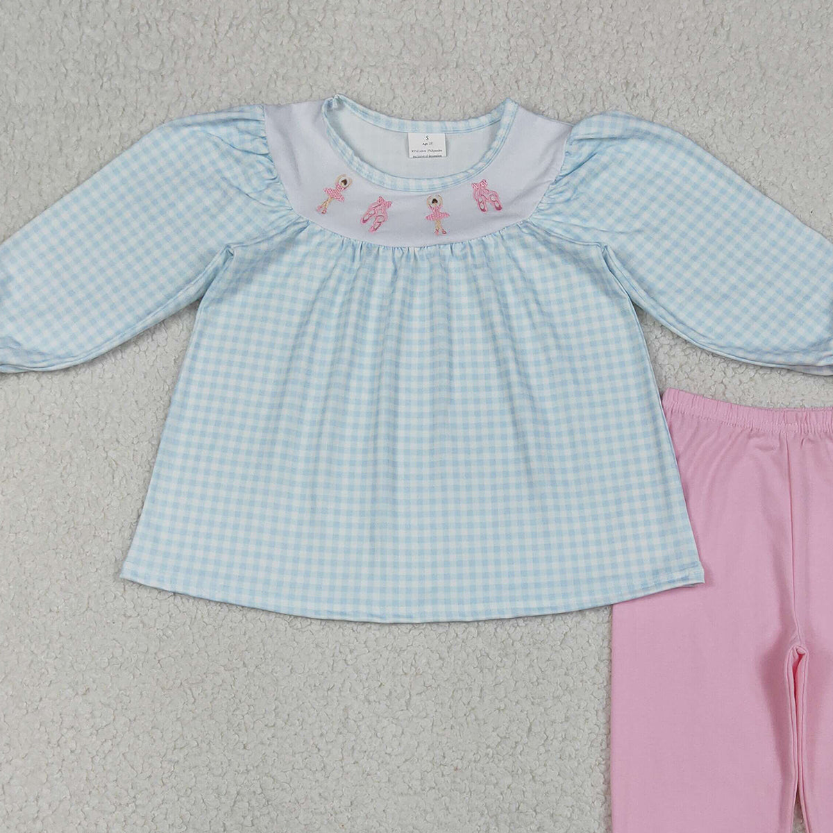 Baby Girls Embroidery Dancer Shoes with Checked Tunic And Ruffle Pants Complete Clothes Set