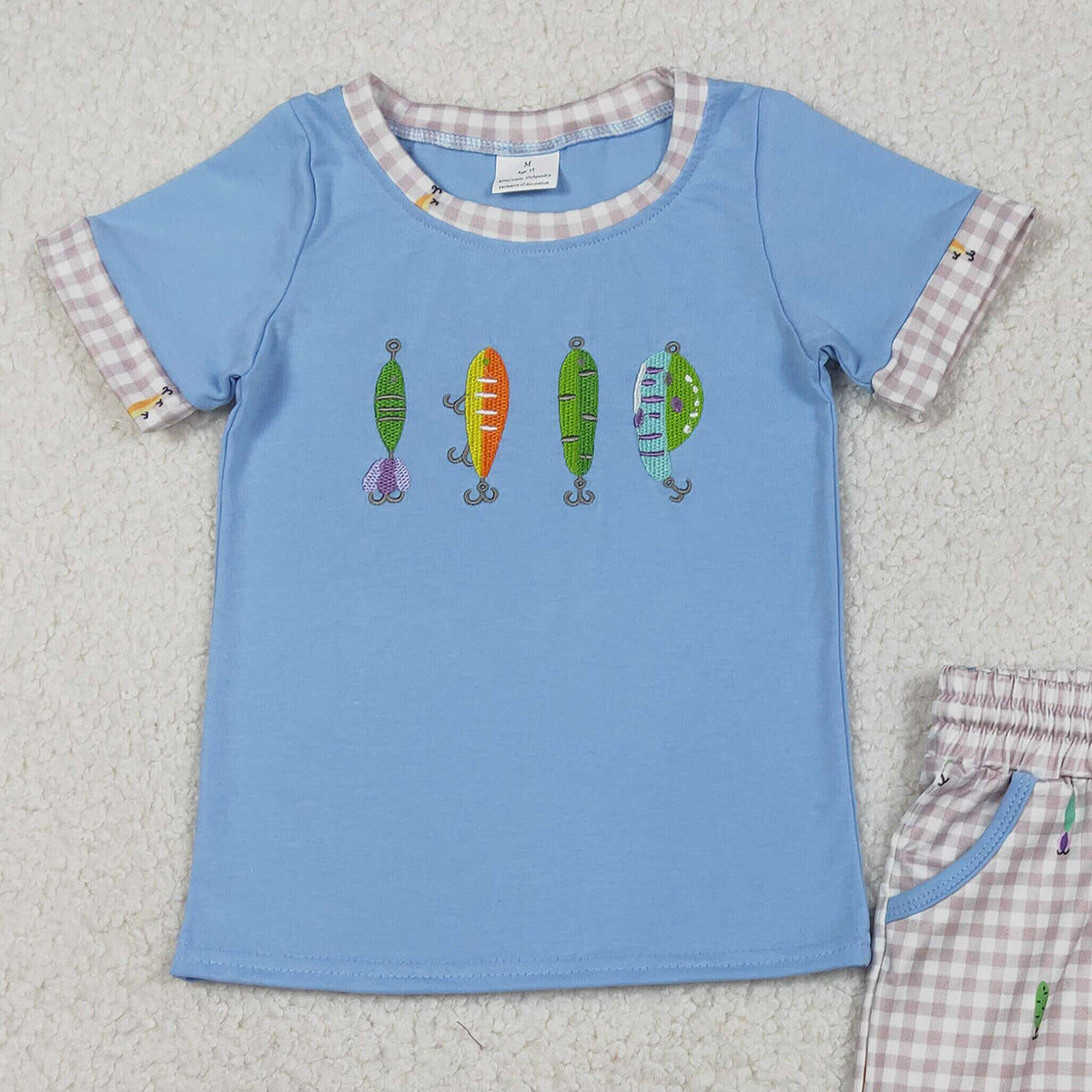 Embroidery Fishing Baby Boys Outfit with Checked Pockets Shorts Hunting Themed Clothing Set for Little Ones