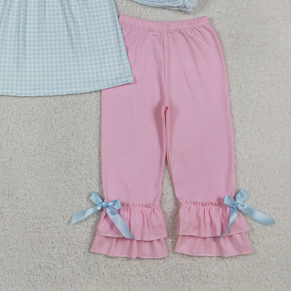 Baby Girls Embroidery Dancer Shoes with Checked Tunic And Ruffle Pants Complete Clothes Set