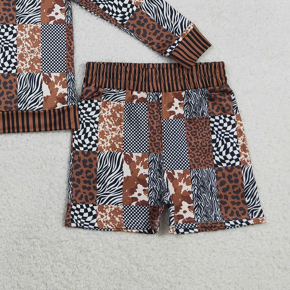 RTS NO MOQ（In Stock) GLS0079 Cute Children's Baby Girls Leopard Cow Print Checked Top Shorts Western Clothes Sets