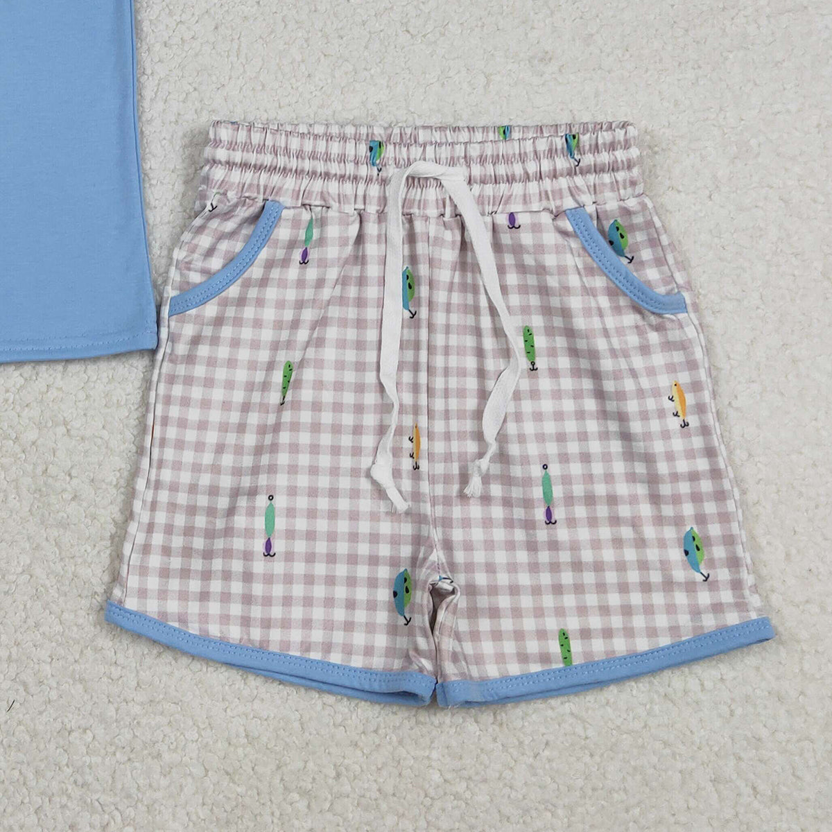Embroidery Fishing Baby Boys Outfit with Checked Pockets Shorts Hunting Themed Clothing Set for Little Ones
