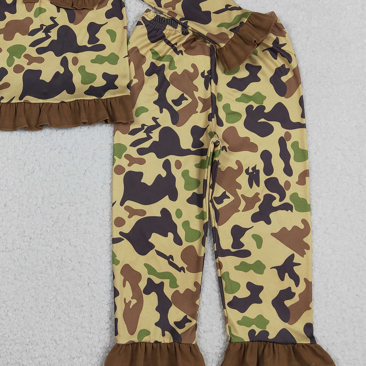 Baby Girls Brown Camo Pajamas Set with Ruffle Pants And Button Top Cute Pocket Design for Little Ones