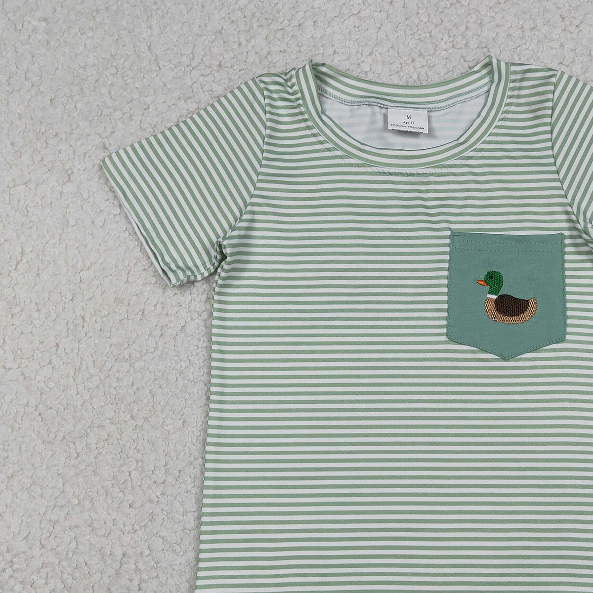 Baby Boys Green Stripe Pocket T-shirts Top Embroidery Duck Design Hunting Theme Casual Wear for Little Ones