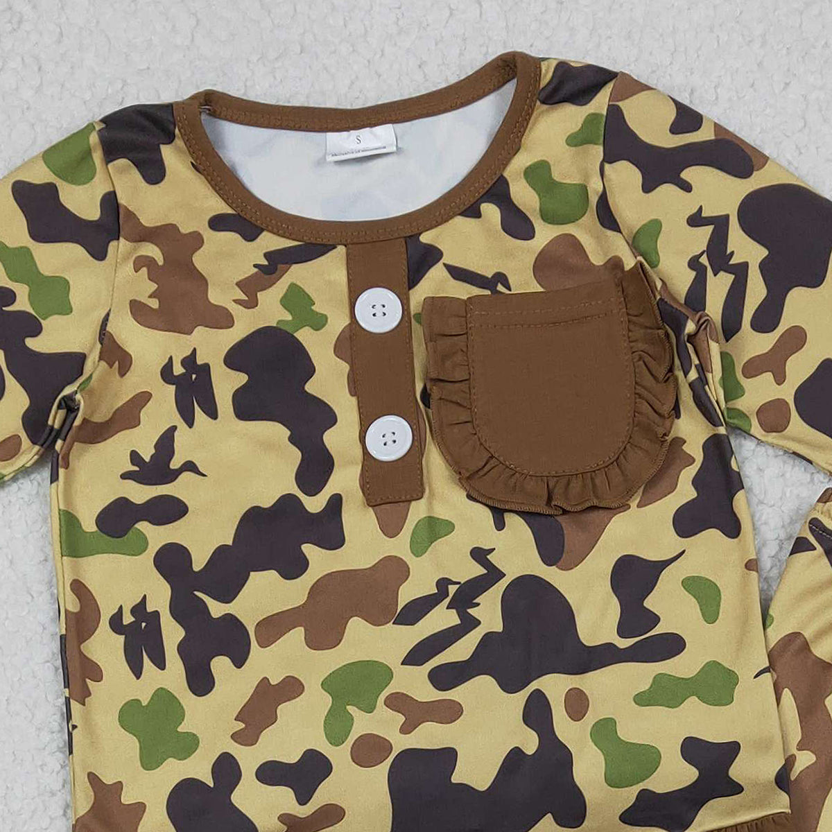 Baby Girls Brown Camo Pajamas Set with Ruffle Pants And Button Top Cute Pocket Design for Little Ones