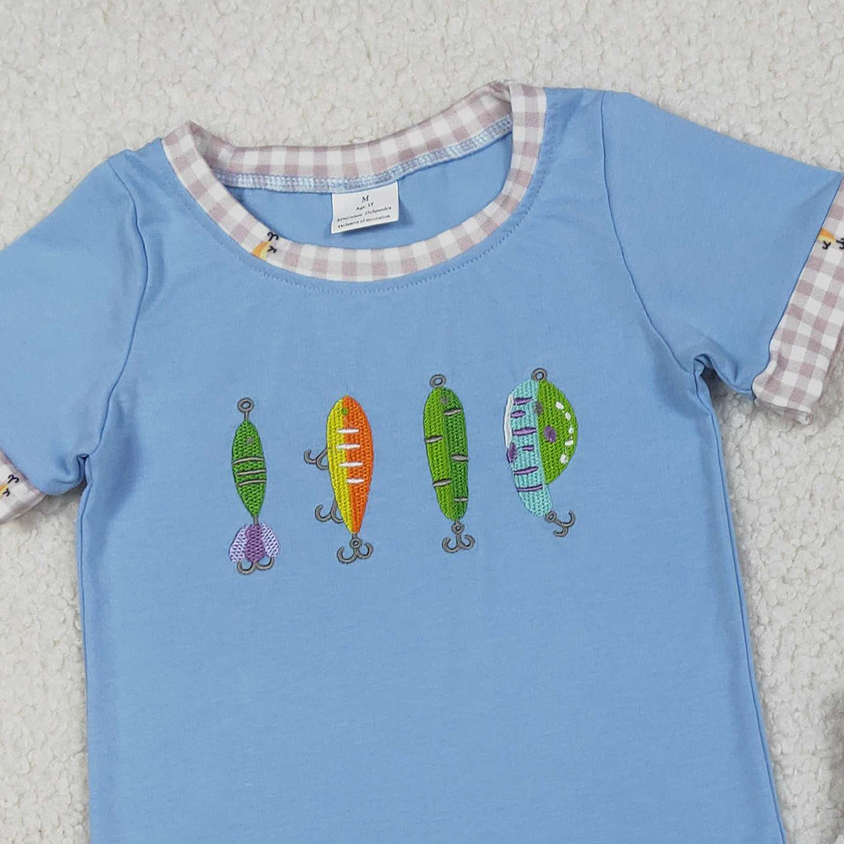 Embroidery Fishing Baby Boys Outfit with Checked Pockets Shorts Hunting Themed Clothing Set for Little Ones