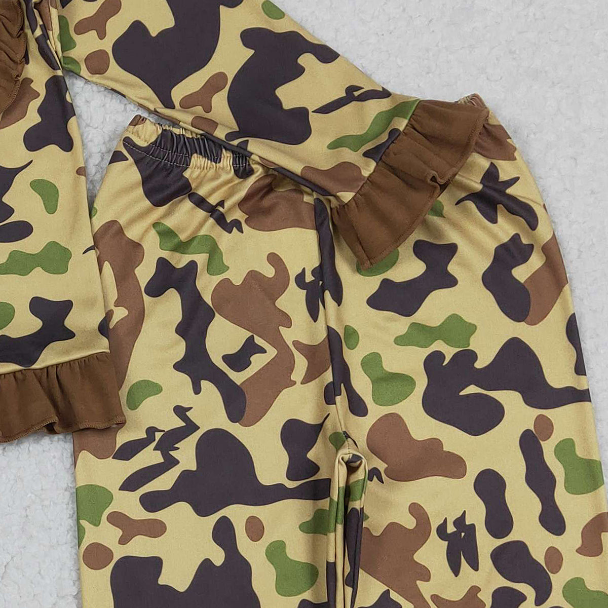Baby Girls Brown Camo Pajamas Set with Ruffle Pants And Button Top Cute Pocket Design for Little Ones