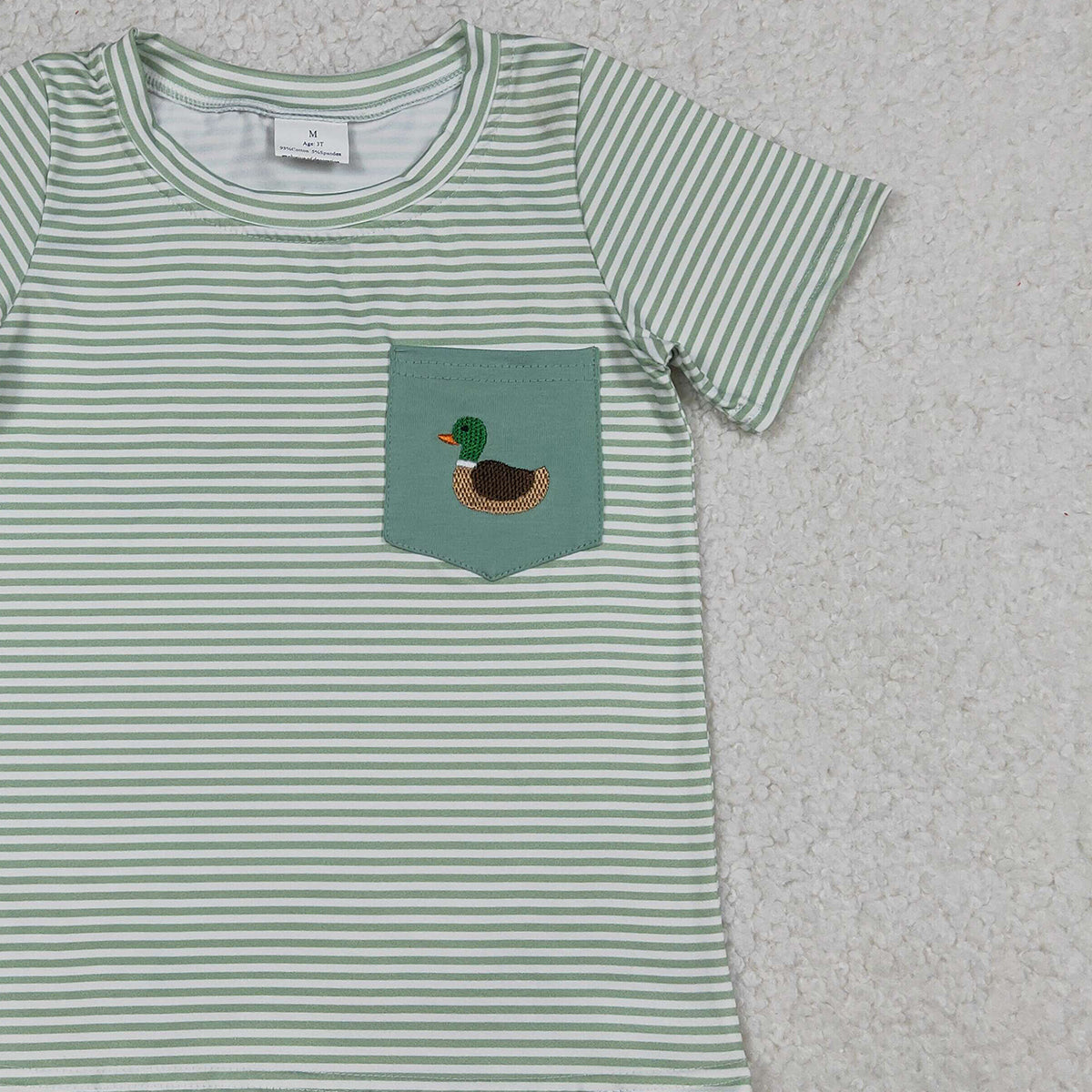 Baby Boys Green Stripe Pocket T-shirts Top Embroidery Duck Design Hunting Theme Casual Wear for Little Ones