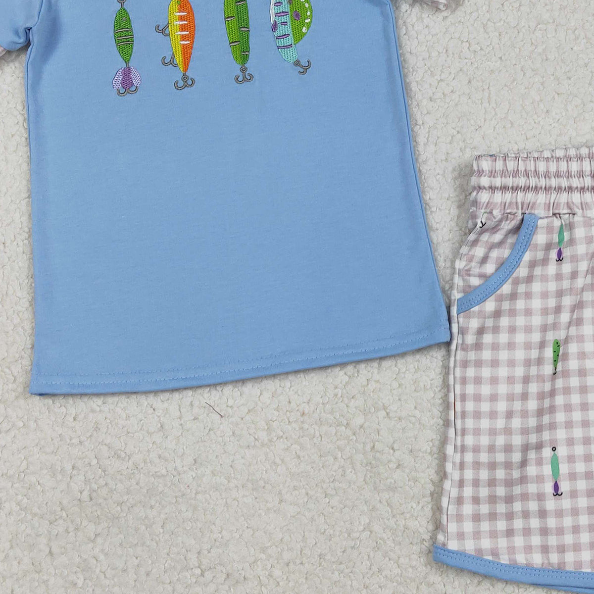 Embroidery Fishing Baby Boys Outfit with Checked Pockets Shorts Hunting Themed Clothing Set for Little Ones