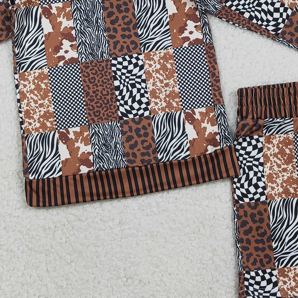 RTS NO MOQ（In Stock) GLS0079 Cute Children's Baby Girls Leopard Cow Print Checked Top Shorts Western Clothes Sets