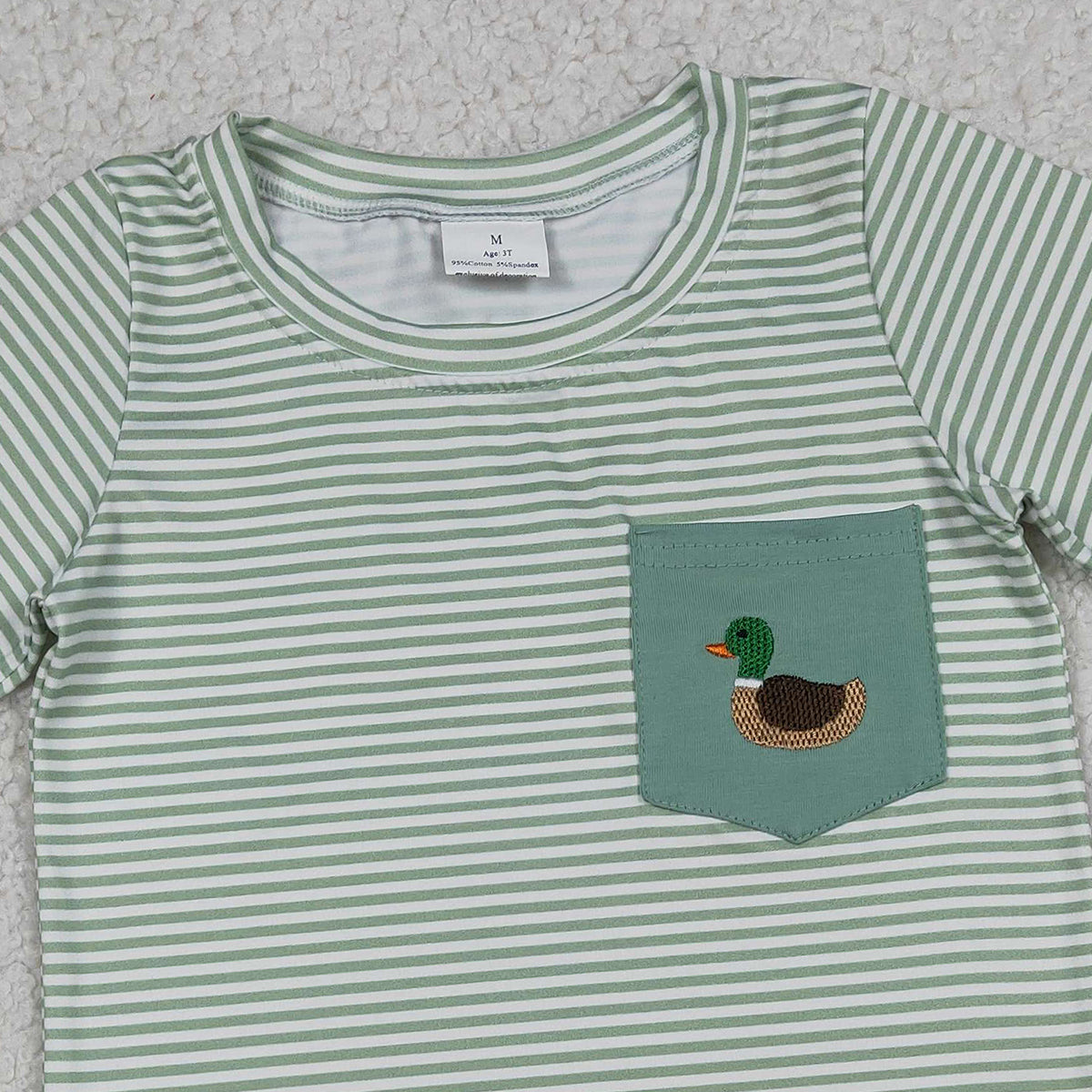 Baby Boys Green Stripe Pocket T-shirts Top Embroidery Duck Design Hunting Theme Casual Wear for Little Ones