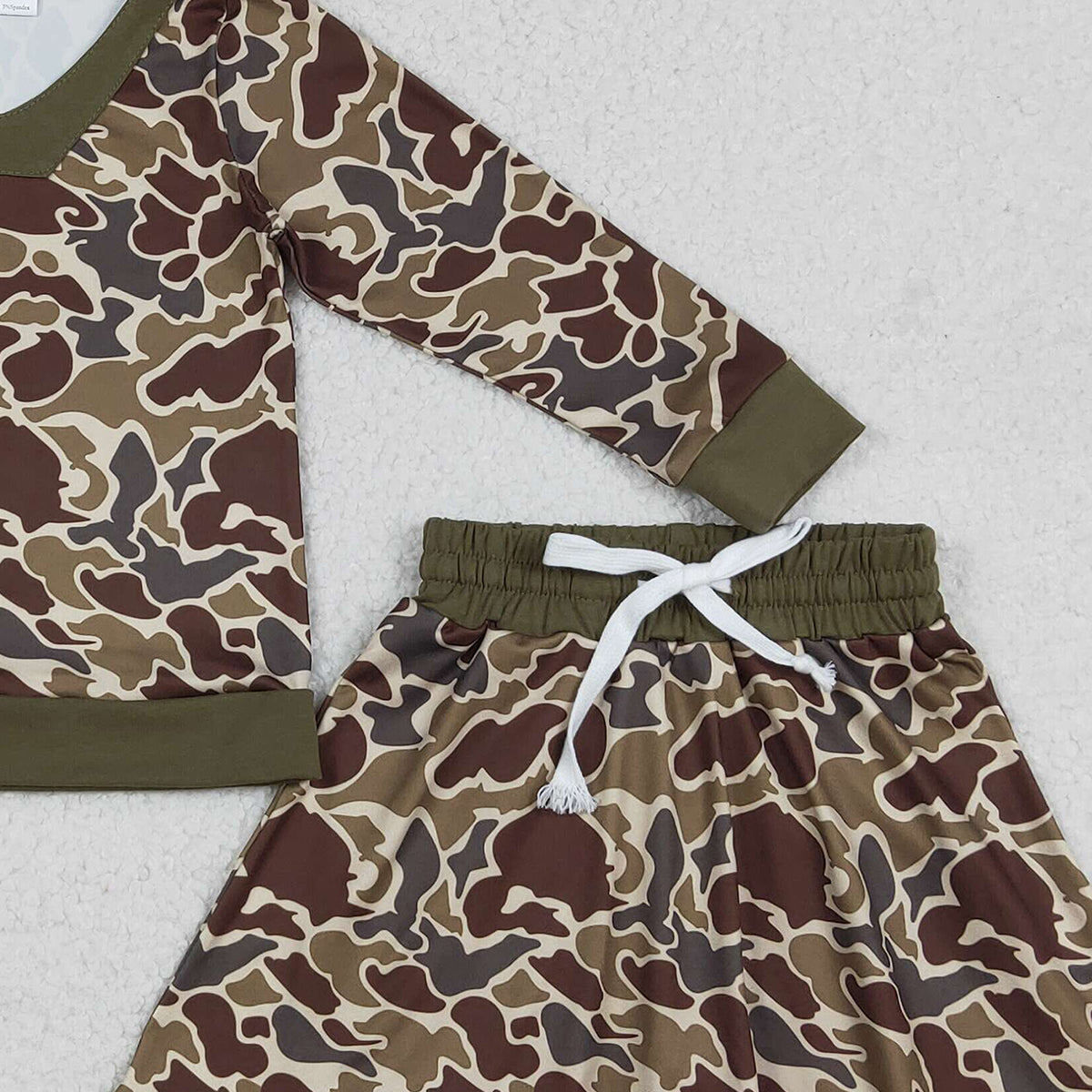 Baby Girls Brown Camo Long Sleeve Outfit Set with Skirt And Shorts for Hunting Theme Clothing