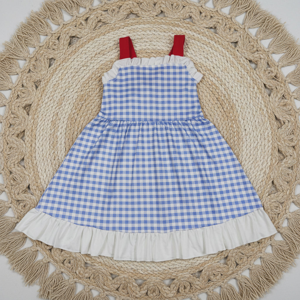 blue gingham strap dress
