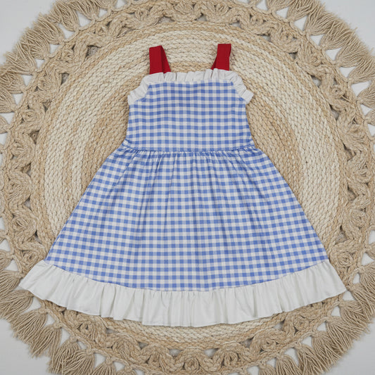 blue gingham strap dress