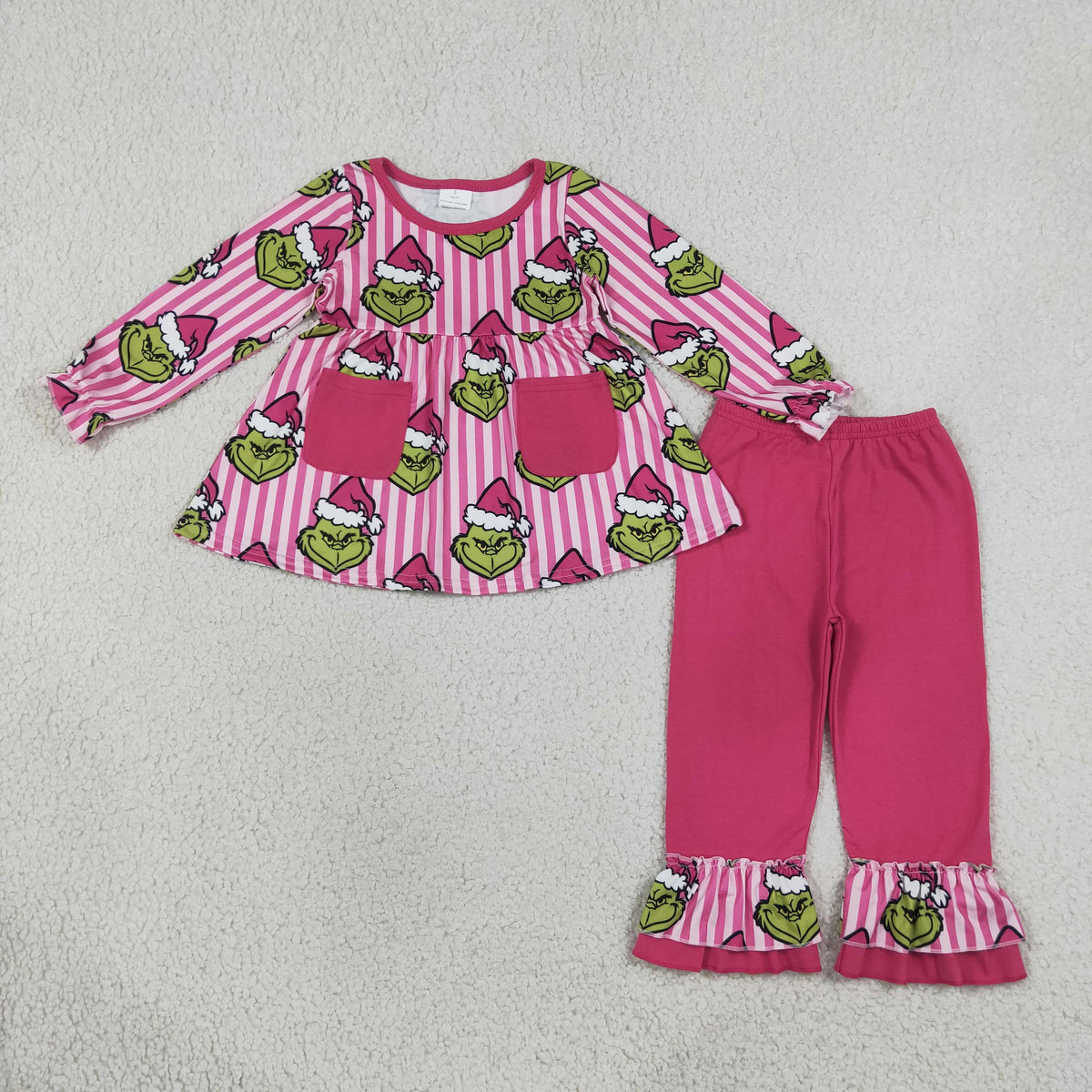 hot pink striped grinchmas print ruffle pants set christmas girl outfit