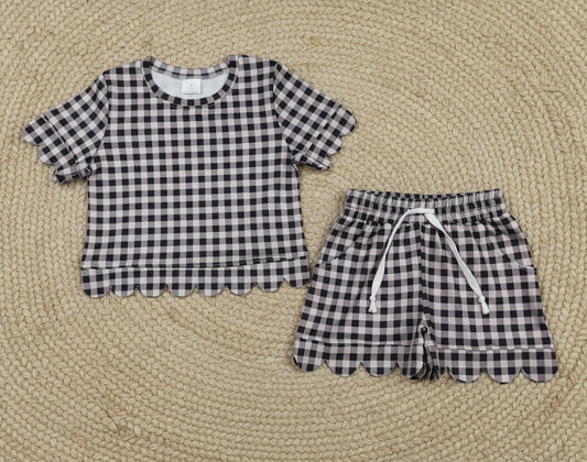 black plaid gingham scallop shorts set summer clothing