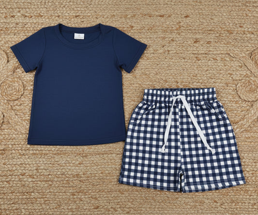 baby boy navy blue plaid shorts set kids clothing