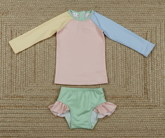 girls colorful long sleeve zip-up rash guard swimsuit set