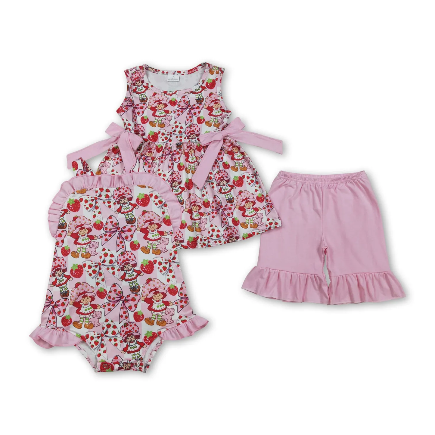 Sibling strawberry coquette girl shorts set and romper