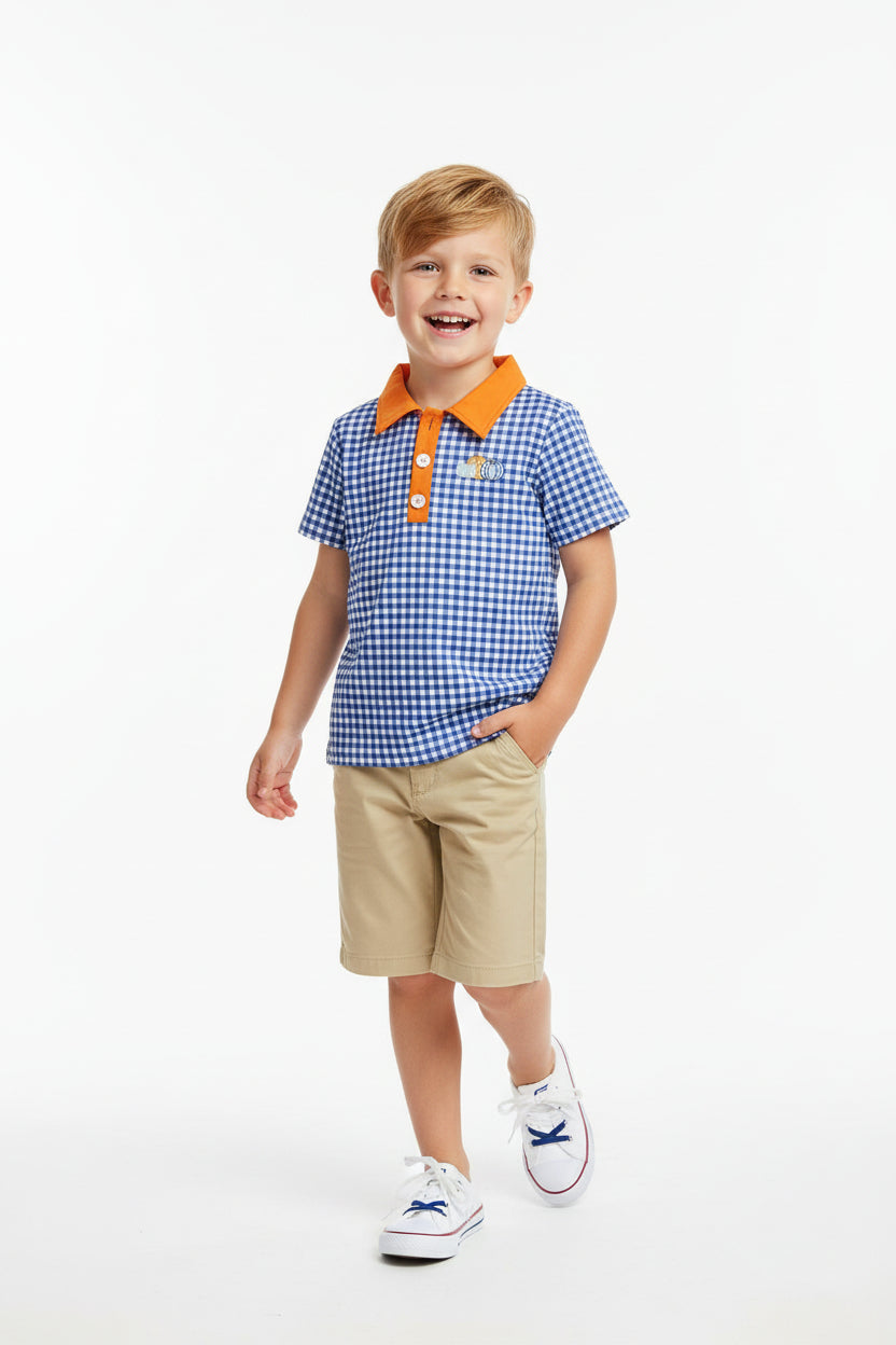 navy gingham tee with embroidery pumpkin