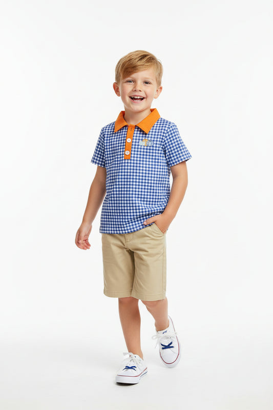 navy gingham tee with embroidery pumpkin