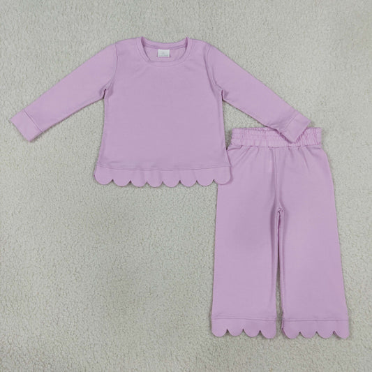long sleeve cotton lavender scallop pants outfit