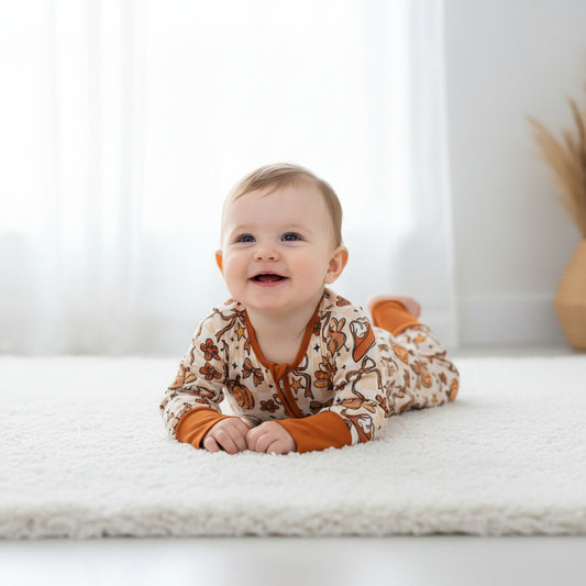 LR3119 brown long sleeve pumpkin pie turkey bow zipper sleeper baby clothing