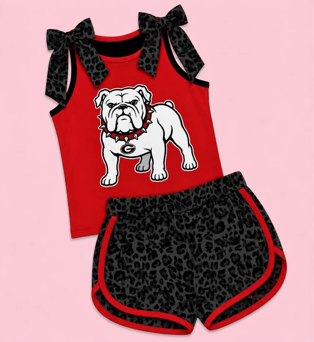 Custom order MOQ 3 Baby Girls Bulldog Team Bows Shirts Leopard Shorts Clothes Sets