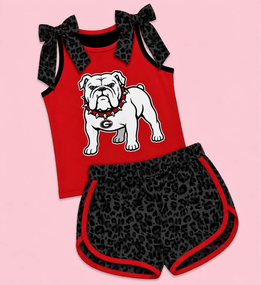 Custom order MOQ 5 Baby Girls Bulldog Team Bows Shirts Leopard Shorts Clothes Sets