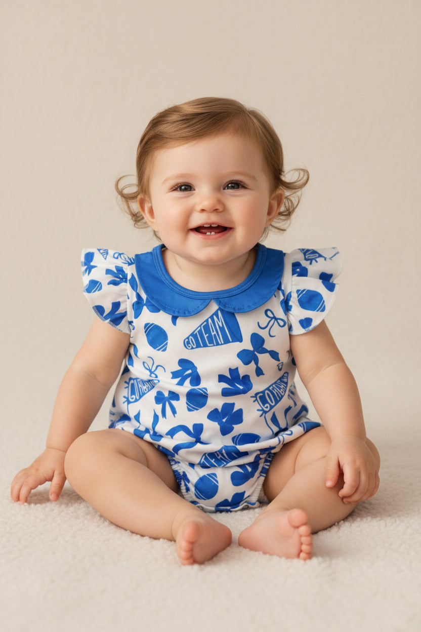 SR3192 royal blue go team bubble romper baby girl clothes