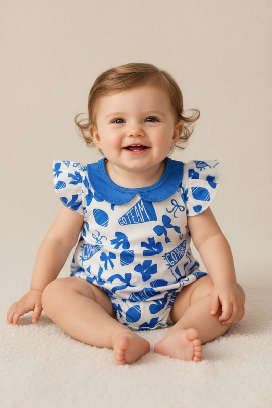 SR3192 royal blue go team bubble romper baby girl clothes