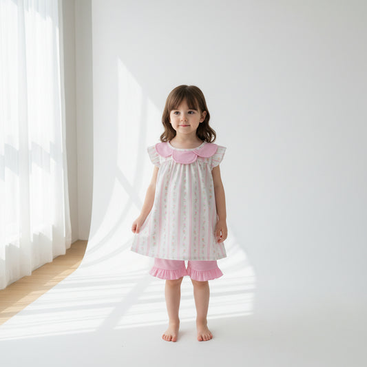pink stripes floral scallop collar girl shorts set children clothes